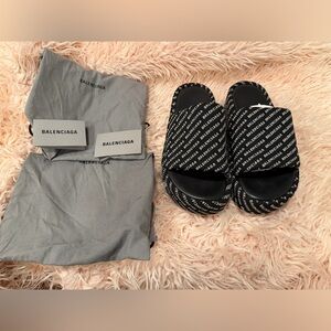 Balenciaga Logo Print Black Slide Sandals